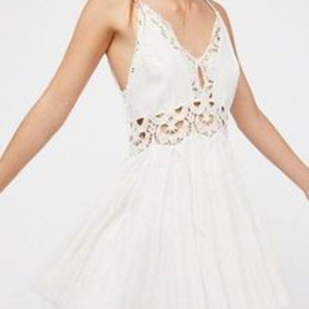 Free People White Linen and Lace Spaghetti Strap Dress